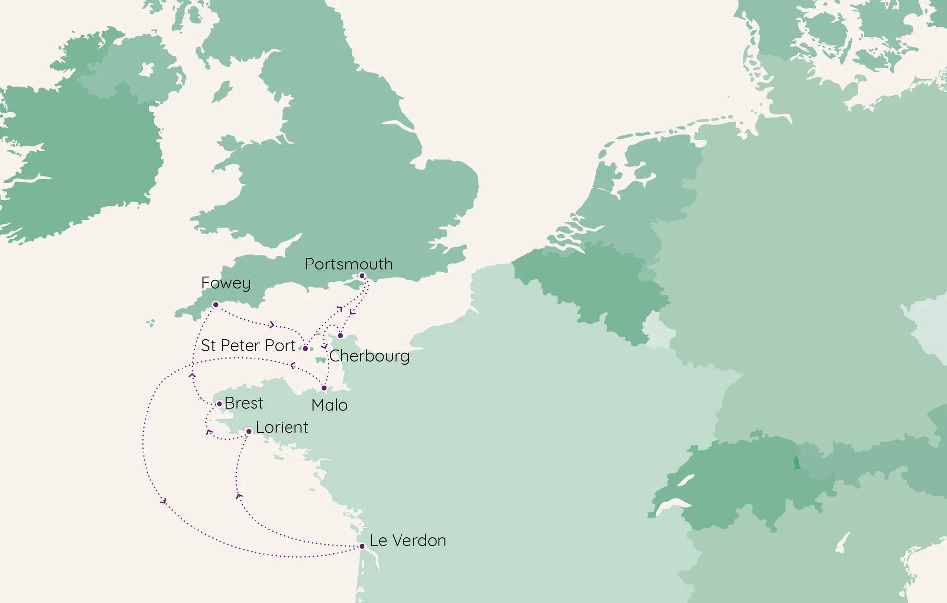 Map showing a cruise from Portsmouth that visits ports in France and the West Country as well as the Channel Islands.